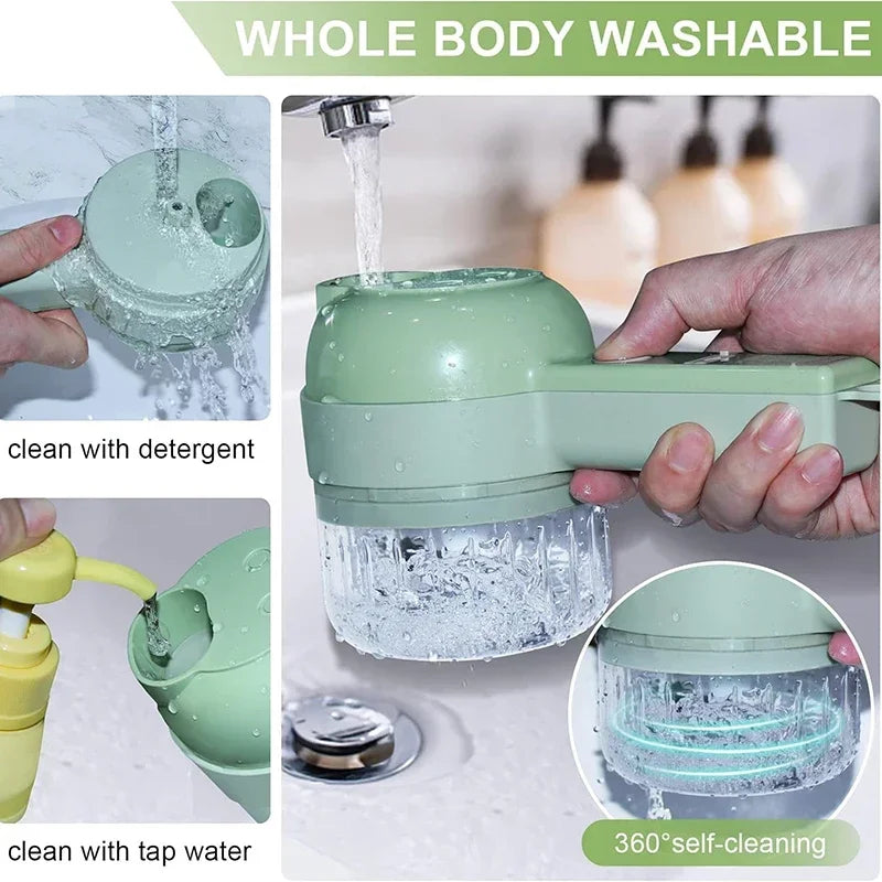 Ensemble de 4 coupe-légumes électriques sans fil portables : presse-ail, hachoir à viande, éplucheur et trancheuse.